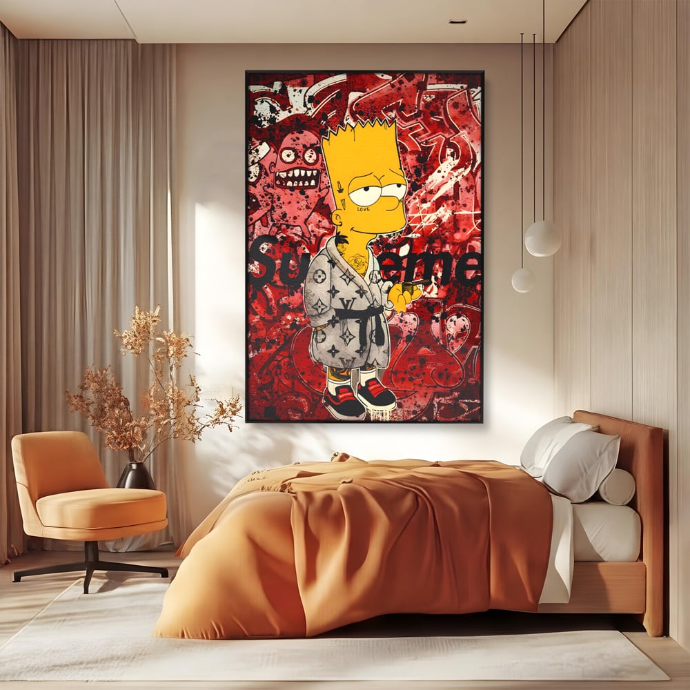 Tablou canvas cu tablou canvas cu bart simpson graffiti, in rama de aluminiu negru, pe perete intr-un dormitor